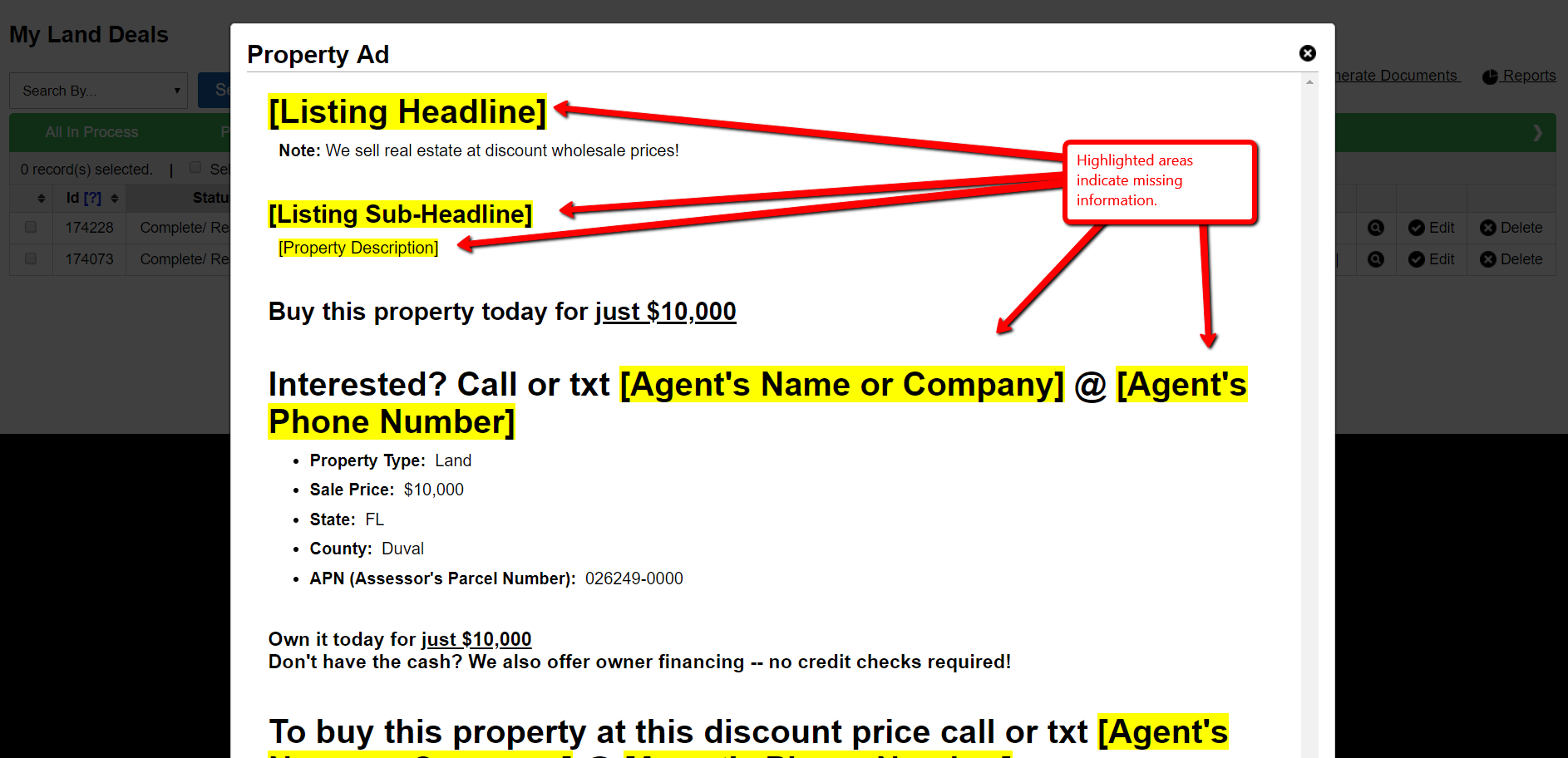 Options> Generate Ad: How To Generate HTML For A Online Classified Site Property Listing