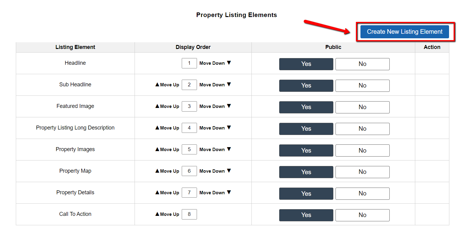Customize> Website Settings – Selling> Property Listing Elements