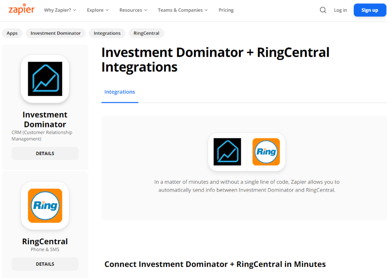 Zapier: How To Connect The Investment Dominator To Ring Central